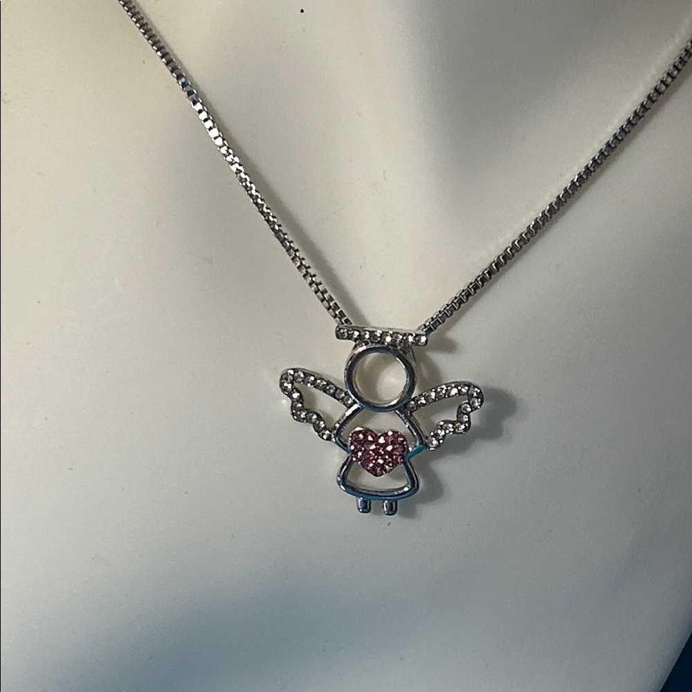 Silver Angel Pendant Necklace with Pink Heart